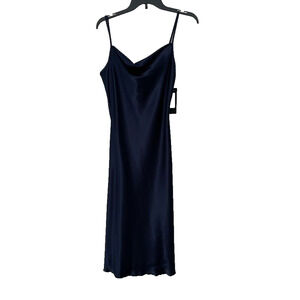 BEBE Dress Satin Cowl Neck Slip Midi Navy Blue Adjustable Strap SMALL NWT